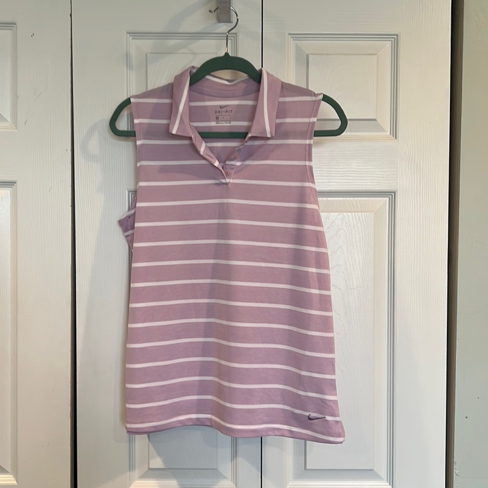 Nike orchid and white stripe sleeveless golf shirt